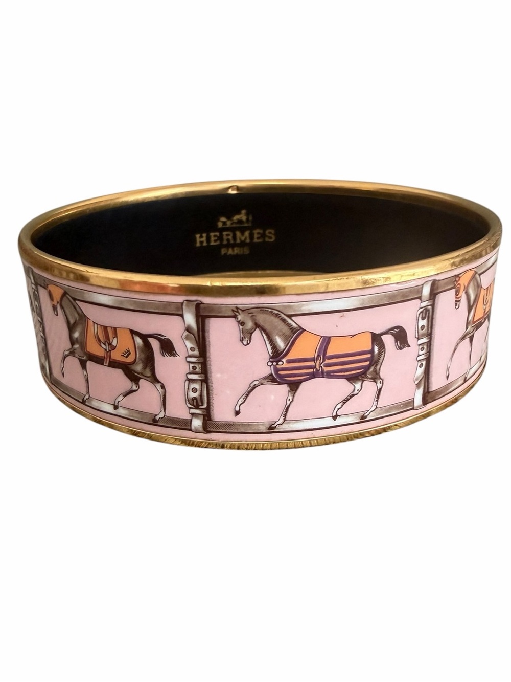 Hermès "Tenues et Couvertures" Vintage Gold Plated Bangle with Equestrian Motif